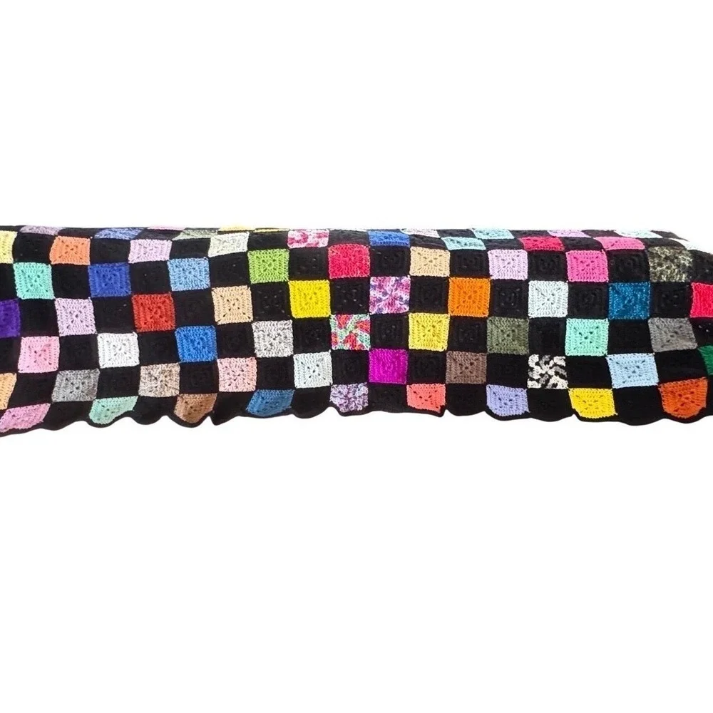 Handmade Granny Square Crochet‎ Afghan Blanket Multi-Color Patchwork Large Black